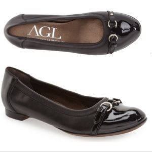 AGL Black Leather Patent Cap Toe Ballet Flat
